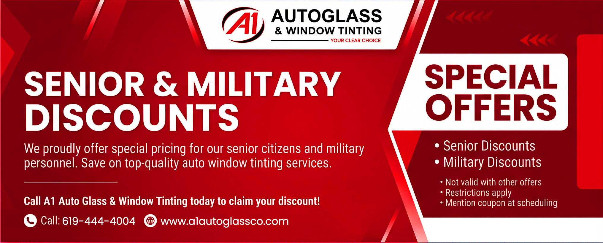 Senior & Military Discounts at A1 Auto Glass & Window Tinting — call 619-444-4004
